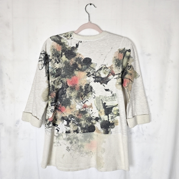 Inoah Floral Shabby Chic Terry Cloth Lagenlook 3/4 Sleeve Top - Picture 2 of 7